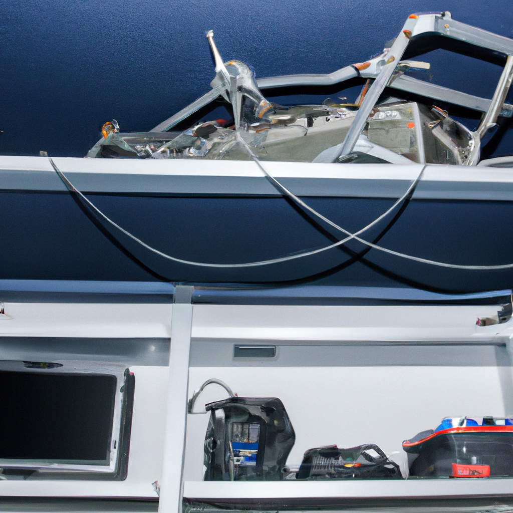 Interni officina manutenzione yacht con attrezzi e luci LED