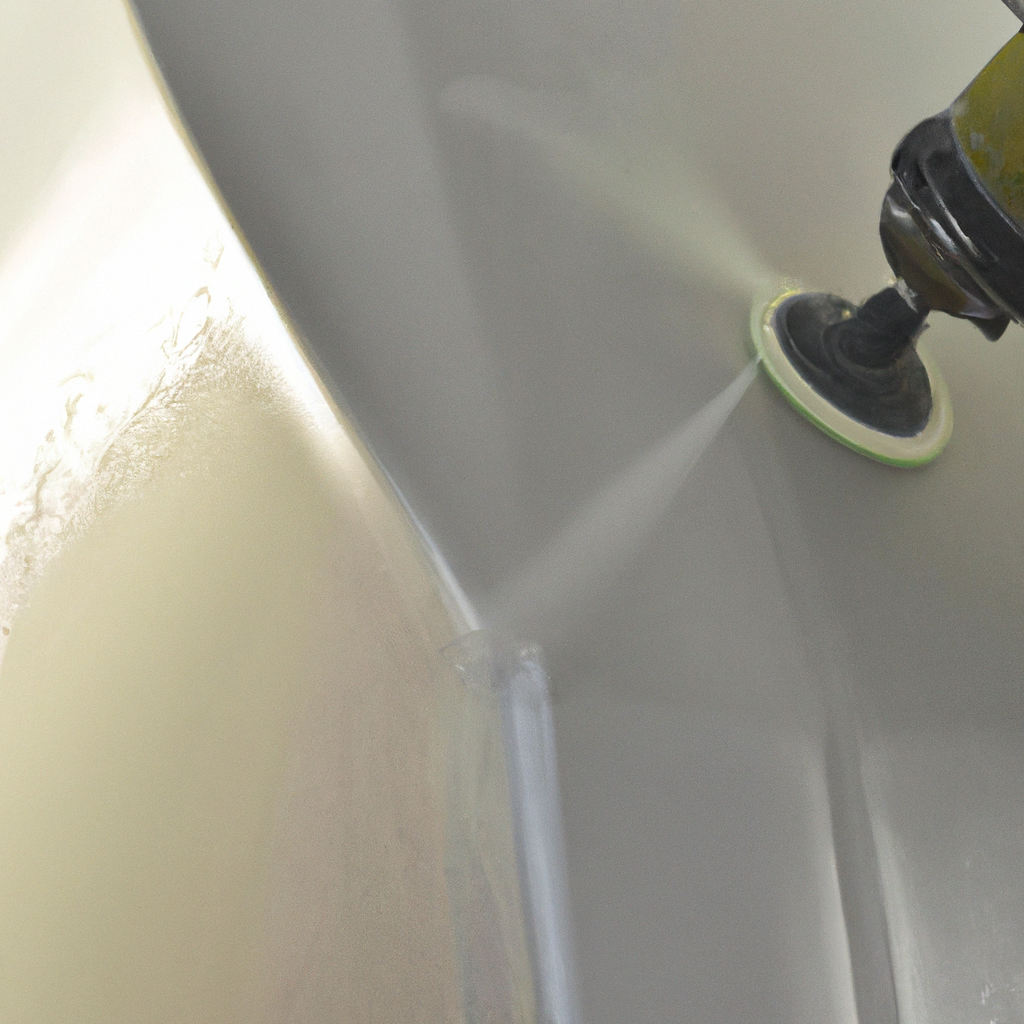 Lucidatura del gelcoat su barca a vela bianca con lucidatrice orbitale, dettaglio elevato