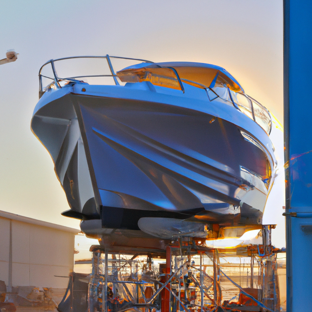 Tecnici in cantiere marino all'alba che lavorano sullo scafo di uno yacht, marina italiana