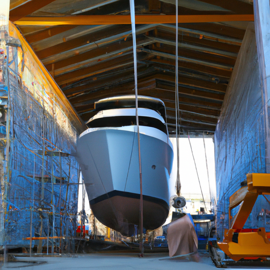 Superyacht in bacino di carenaggio con gru e squadra al lavoro, alta definizione